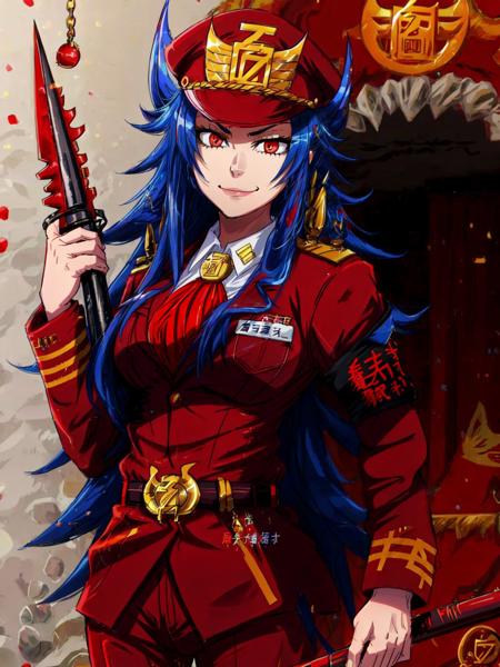 HyakushikiMomoko, 1girl, prison background, prison cell, holding weapon, weapon, uniform, military uniform, red pants,long sleeves, hat, belt, jacket,  evil smile, angry, smile,  <lora:HyakushikiMomoko:0.6> <lora:add_detail:1>