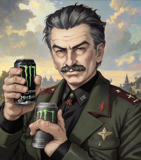 realistic photo of  (stalin:1.1), holding monster energy,  monster energy, focus monster energy,  <lora:my_LoRA_monsterEenergy_v2:0.5>, by Jeremy Lipking, by William Bouguereau, (by Alphonse Mucha:0.5),