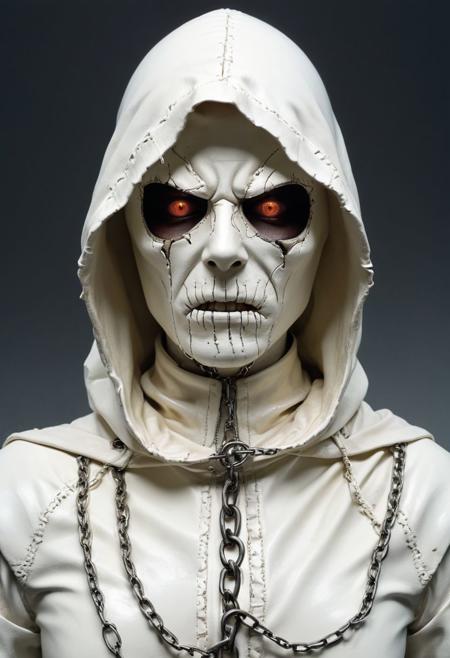 an uncanny otherworldly creature, make, surrealistic extreme, expressive, highly detailed and hyper realistic, horrifying pale body, scarred, white leather cowl, white hood, white painted face (cracked paint) grotesque appearance, hooded cowl, vicious angry hatred (glowing eyes 0.2), sunken eyes, black and ivory hues, desaturated colors, shadow play,  upper body side view, furiously angry, side view looking at viewer, old white leather tunic, Moebius dark sky in the background, wearing chains
<lora:xl_more_art-full_v1:0.5>