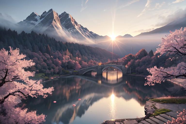 (masterpiece, best quality:1.2), ultra detailed, cinematic lighting, HDR, ilustration,  landsape, mountain top, misty fog,  midday,  cherry blossom, impressive, chill, inspirational, lens flare, falling petals, pond, water reflection, gimmering, stairs, no people, petals on water, amazing view of landscape below