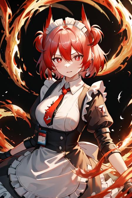 best quality, masterpiece, highres, solo, {maid:1.40}, {long maid dress:1.15}, {fiammetta_arknights:1.15}, red_hair, red_eyes, short_hair, animal_ears, necktie, red_necktie, bird_ears, upper_body, hair_between_eyes, breasts, closed_mouth, feather_hair