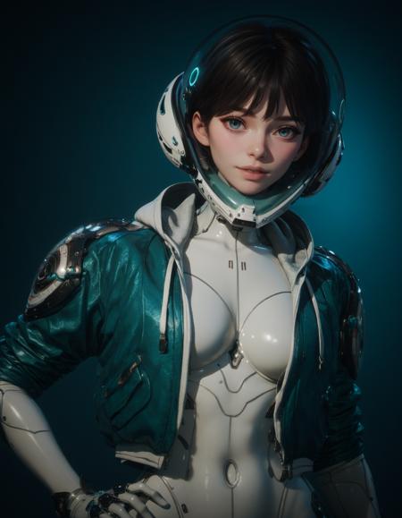 white bodysuit, blue jacket, helmet,