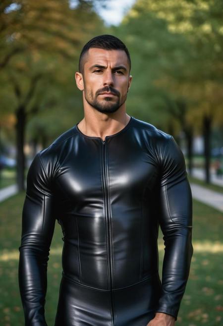a strong 32-year-old italian bodybuilder male , with short hair,  glazed face, mindless expression, wearing a skin tight black leather bodysuit, standing at attention posture, at the park, looking to the camera, Cinematic, Photoshoot, Shot on 25mm lens, Depth of Field, Tilt Blur, Shutter Speed 1/1000, F/22, White Balance, 32k, Super-Resolution, Pro Photo RGB, Half rear Lighting, Backlight, Dramatic Lighting, Incandescent, Soft Lighting, Volumetric, Conte-Jour, Global Illumination, Screen Space Global Illumination, Scattering, Shadows, Rough, Shimmering, Lumen Reflections, Screen Space Reflections, Diffraction Grading, Chromatic Aberration, GB Displacement, Scan Lines, Ambient Occlusion, Anti-Aliasing, FKAA, TXAA, RTX, SSAO, OpenGL-Shader s, Post Processing, Post-Production, Cell Shading, Tone Mapping, CGI, VFX, SFX, insanely detailed and intricate, hyper maximalist, elegant, dynamic pose, photography, volumetric, ultra-detailed, intricate details, super detailed, ambient