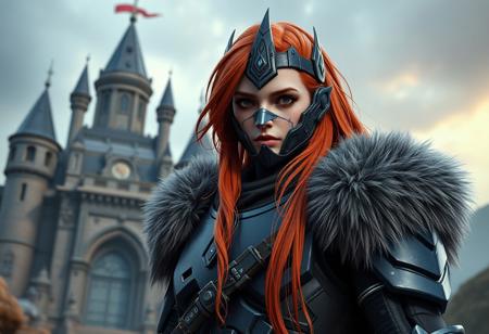 A highly detailed, lifelike depiction of a Cyber Soldier from Darkworld, adorned in navy blue armor and adorned with fur shoulder pads, standing in front of a Castle of Dark Illusions. The soldier, with long red-orange hair and a light grey crown, draws inspiration from Samuel F.B. Morse and Mór Than. The artwork is designed for a game, following the golden ratio and showcasing terracotta shaders. Created with Octane Render, it embodies the styles of H.R. Giger, Charles Marion Russell, and Simon Stalenhag, aiming to trend on ArtStation.