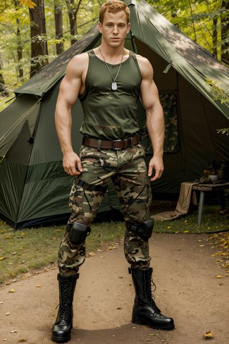 deciduous forest, fall foliage, a green army tent, standing next to tent, BluKennedy is a sexysoldier, camouflage pants, tank top, dog tags, black boots, , belt, holster, masterpiece, (((full body portrait))), wide angle <lora:BluKennedy-000008:0.75> <lora:Clothing - Sexy Soldier_v1:0.65>