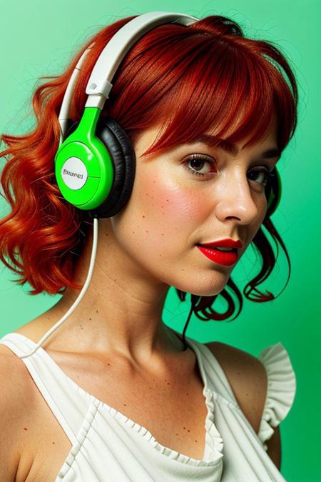 masterpiece, best quality, oil painting \(medium\), real, solo, 1girl, blonde hair, headphones, hair curls, read neon background, sound waves, red neon, white dress, musical note, red lipstick, medium hair, ringlets, green theme, hand on headphones, frills, puffy sleeves, short sleevesneon background, face close up,