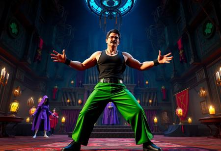 Centered Chaos Command Magician, dynamic wrestling stance, black tank top, green trousers, vibrant color contrast, arms outstretched, legs spread, head turned left, mustache, sunglasses. Ominous Mansion of Dreadful Dolls backdrop with Realm of Light elements. Purple Skilled Dark Magician prominent foreground figure. Cinematic lighting, depth of field, golden ratio composition. Octane Render, Unreal Engine 5, trending on Artstation, CGSociety, 8k resolution, hyperdetailed, concept art.