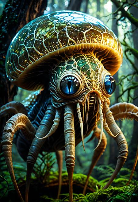 a realistic photo, highly detailed, intricate, beware this otherworldly glowing invertebrate abomination, aptly named "giganotus", with its many legs, this exotic, translucent body, Highly detailed eye, deadly poisonous creature roams the bioluminescent skrunkleshroom forests and psionified jungles of its alien world "Toridor II", where gigantic thorgles and towering grumptrees flumber in the mistgolden ratio, Space terraforming, Alien Flora, hyper detailed, trending on artstation, sharp focus, studio photo, intricate details, highly detailed, by greg rutkowski detailed face, detailed skin