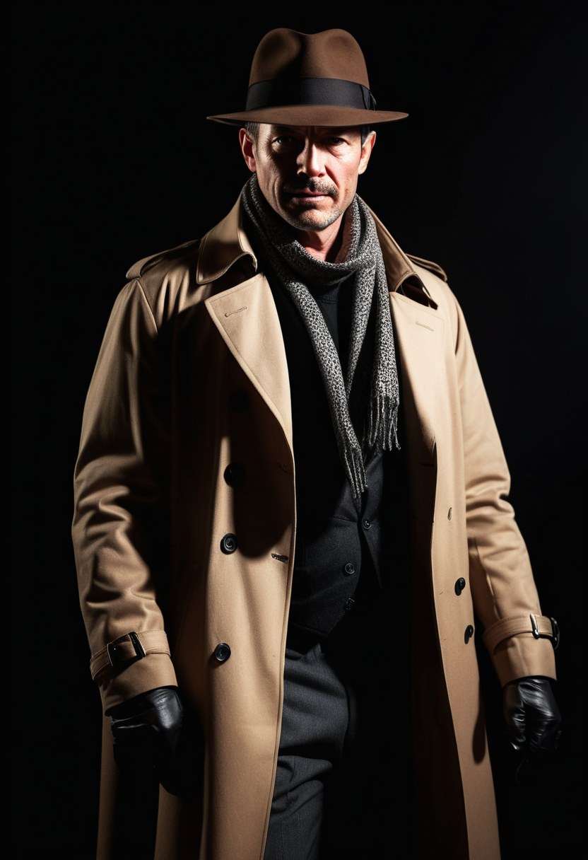 score_9, score_8_up, score_7_up, BREAK,  manly mature man, 40 years old
The Shadow,  scarf, mask, fedora, short hair, trench coat, cape, gloves, belt, ring, pants, black background, spotlight
dynamic angle, vibrant lighting, high contrast, dramatic shadows, highly detailed, detailed skin, depth of field, film grain,