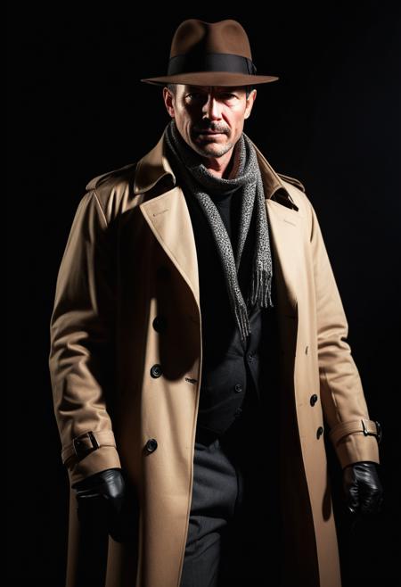 score_9, score_8_up, score_7_up, BREAK,  manly mature man, 40 years old
The Shadow,  scarf, mask, fedora, short hair, trench coat, cape, gloves, belt, ring, pants, black background, spotlight
dynamic angle, vibrant lighting, high contrast, dramatic shadows, highly detailed, detailed skin, depth of field, film grain,