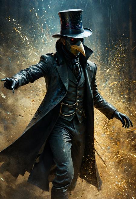 surrealism painting, 16k, extreme detail, fine textures, deep shadows, dark, sharp lines, (do puppets bleed glitter when you shoot them?), somber colors. beautiful. masterpiece.  ((mysterious)). random. petite. reflections. romanian plague doctor <lora:JuggerCineXL2:0.8> Movie Still, Film Still, Cinematic, Cinematic Shot, Cinematic Lighting <lora:xl_more_art-full_v1:0.95> <lora:more_details:0.68> <lora:EnvyActionShotXL01:0.8> action shot