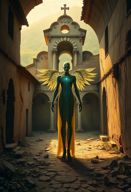 A crumbling Balkan monastery bathed in golden light, where a celestial figure with elongated limbs and bird-like features stands in quiet contemplation. hyper-detailed historical landscape infused with mystical surrealism, meticulously rendered architecture blending with luminous, otherworldly figures, earthy muted tones contrasted with rich jewel-toned highlights, dreamlike realism infused with esoteric symbolism
