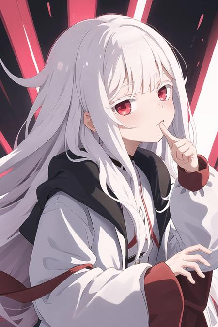 masterpiece, best quality, 1girl, long hair, white hair,red eyes, white labcoat, long sleeves, looking at viewer,  <lora:colored_eyelashes000:1>,white eyelashes,