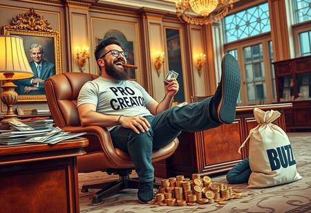 a bearded boos man wearing a t-shirt that says "PRO CREATOR" and smoking a cigar laughing  sitting carefree with his feet up on  a big desk in an elegant big office counting lots of bills and coins that say "BUZZ" a slim nerdy guy with glasses wearing a t-shirt that says "ME" kneeling in the floor picking up coins that fall off the desk in a bag