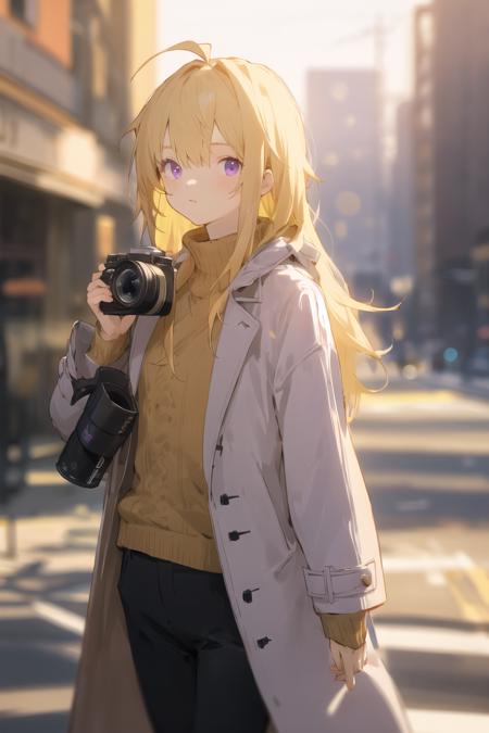 Veiling Glare, 1girl, solo, blonde hair, long hair, camera, looking at viewer, pants, coat, outdoors, sweater, open coat, ahoge, lens flare, purple eyes, blurry, black pants <lora:Veiling_Glare-pynoise:1>