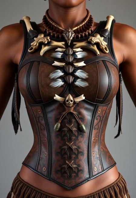 Front view, detail of female african warrior tribal corset ornamented with bones and feathers, brown leather corset, neutral grey background, photography studio style