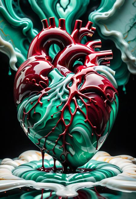 A heart made of liquid marble in shades of jade and ruby floats in a surreal, ethereal environment. The marble flows and swirls, dripping and melting in an intricate dance of color and motion. The heart is both solid and fluid, as the colors bleed and blend into each other, giving it a life-like quality. It hovers in the air, surrounded by the glowing, flowing marble, creating an atmosphere of dreamlike beauty and emotional intensity. The liquid texture gives the heart an organic, almost alive feel, as if it’s pulsing with energy.