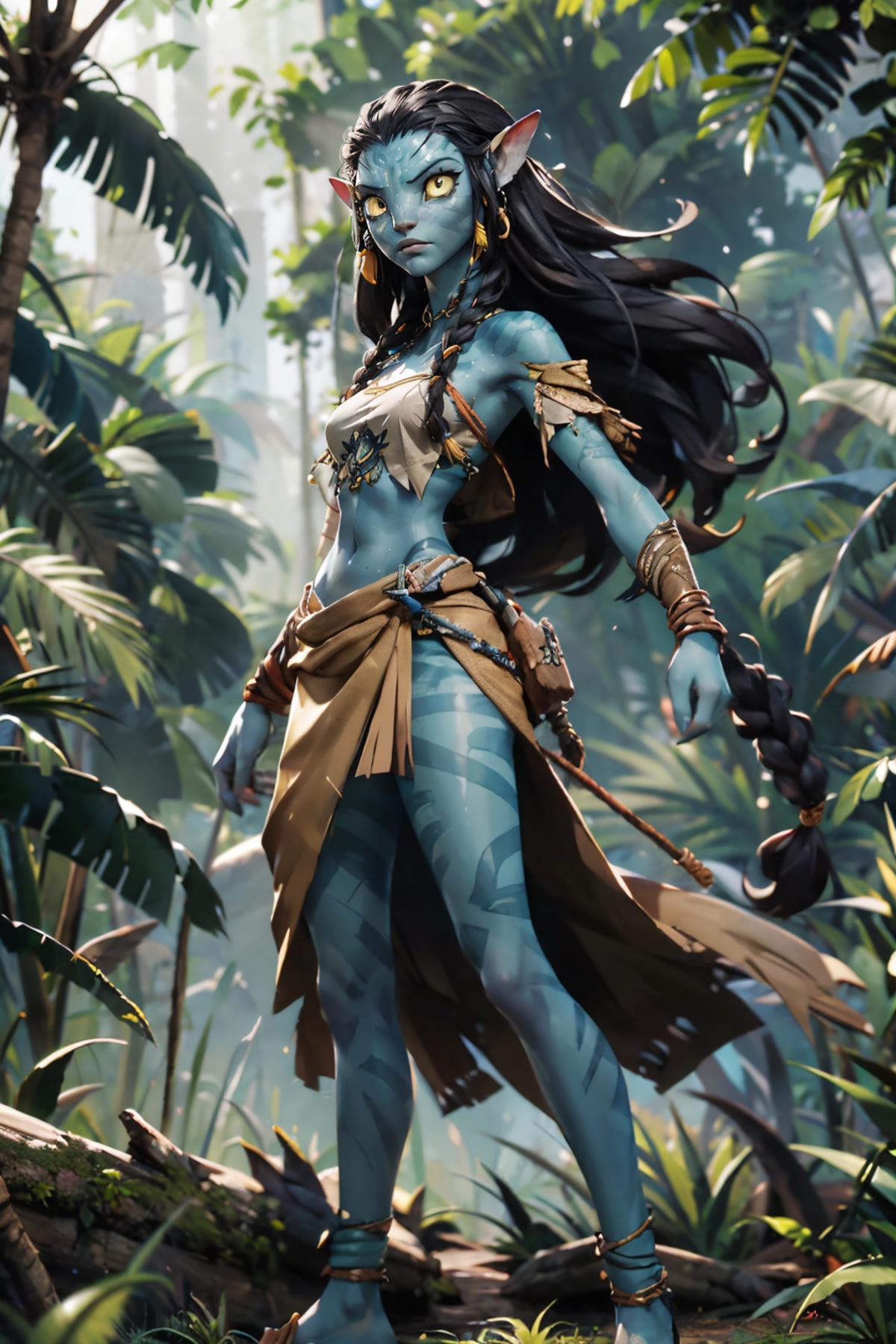 A blue-skinned woman with black hair and a dress stands in a jungle.