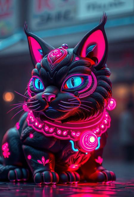 masterpiece, best quality, amazing quality, very aesthetic, high resolution, ultra-detailed, absurdres, newest,  photorealistic details, volumetric lighting, foo dog that's a cat, glowing details, black, blue, and pink coloration