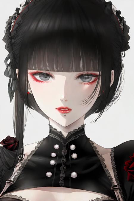 portrait,looking at viewer,1girl,black hair,grey_eyes,gothic,rose,white background,(monochrome:0.8)  <lora:Kei_Satsuki_v2-000011:1>