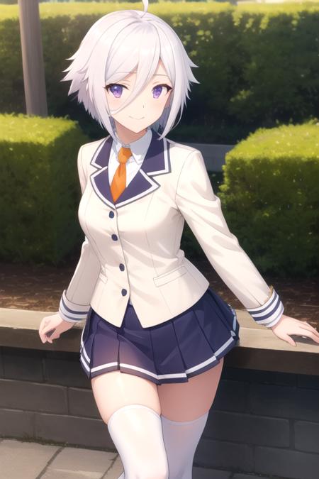 Itomi Sayaka(tnm) Itomi Sayaka uniform ahoge,short hair,white hair,hair between eyes,bangs,purple eyes beige jacket,blue sailor collar,buttons,orange necktie,collared shirt,white shirt,long sleeves,medium breasts,miniskirt,blue skirt,pleated skirt,tassel,black socks,loafers,white footwear