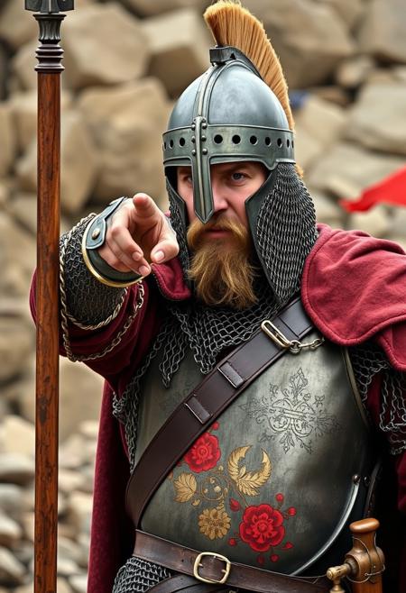 A Photo a medieval russian man in a helmet and chainmail armor, pointing towards while holding a spear.
Medieval style, random background