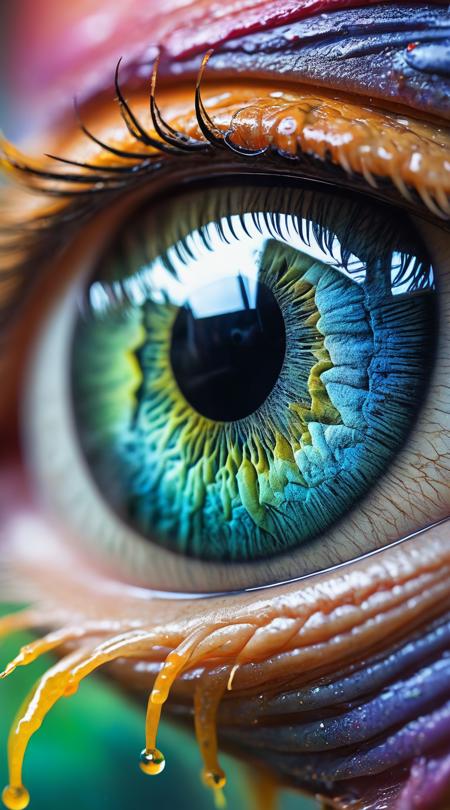 Macro image capturing the alien beauty of a creature's eye, multi-faceted like a gemstone, enveloped in a surreal splash of watercolor hues that bleed into the wet background.