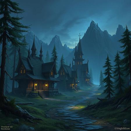 fantasy style, warcraft, environment, woods, night elf buildings, video games, forest, night, mountains, path,