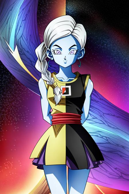 Kusu (Angel of Universe 10), solo, open mouth, braid, colored skin, purple eyes, long hair, white hair, 1girl, blue skin, smile, looking at viewer, upper body, :d, single braid, dragon ball super