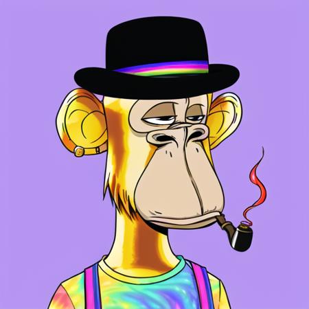 BAYC, portrait, monkey, flat purple background, cartoon, caricature, solo, ape, rainbow suspenders, gold stud earring, bowler hat, golden fur,  pipe, tie dye t-shirt <lora:BAYC_LoRA:0.75>