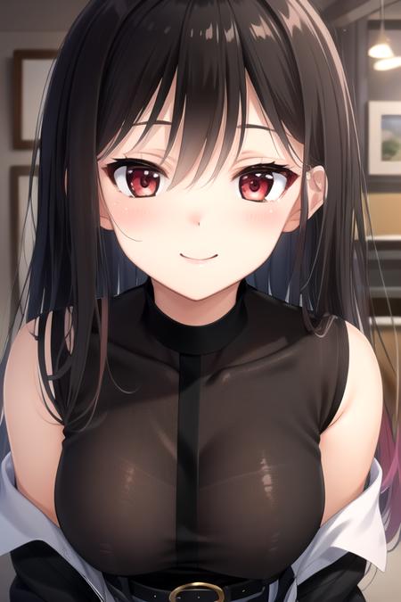 ((masterpiece)),(best quality),official art,extremely detailed CG,unity 8k wallpaper,ultra detailed,beautiful detailed eyes,extremely detailed face,1girl,solo,upper body,(portrait:1.5),looking at viewer,facing viewer,smile,standing,Hikami Ayame(unoneno),very long hair,black hair,straight hair,hair between eyes,bangs,red eyes,black shirt,fishnet shirt,long sleeves,large breasts,white belt,taut shorts,short shorts,black shorts,black pantyhose,pantyhose under shorts,loafers,<lora:Hikami Ayame(unoneno):0.9>,