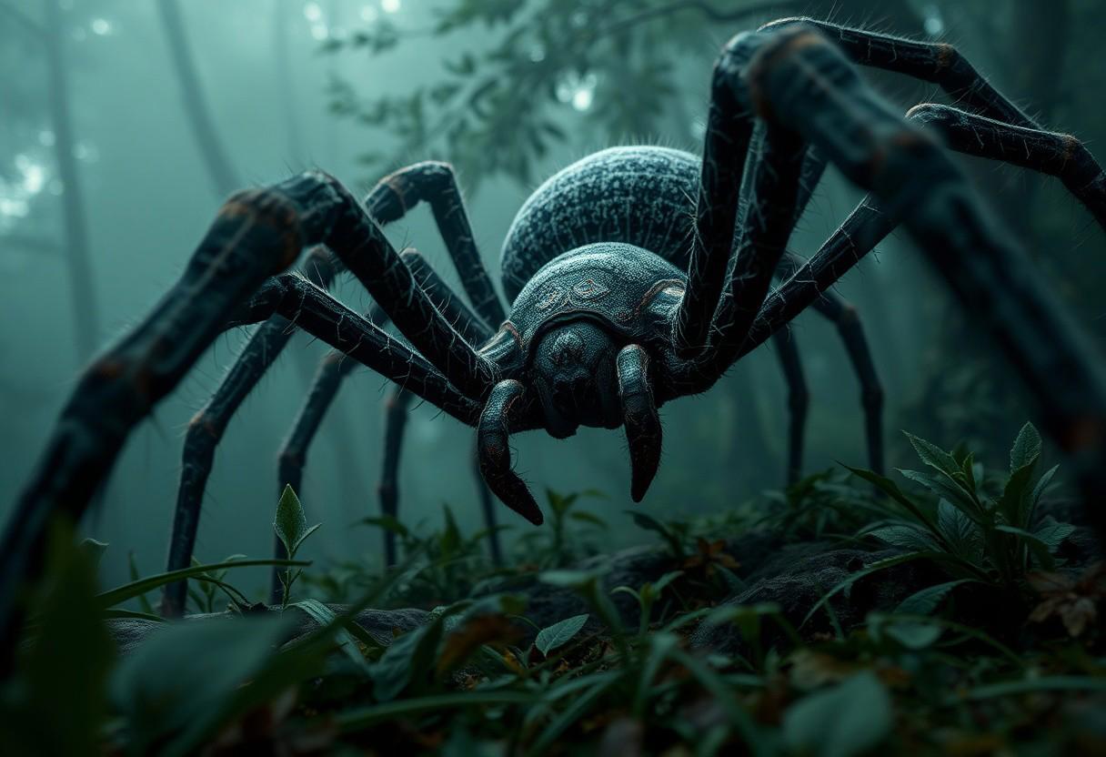 __Medium close-up__
__HDRI__
__Nikon D850 DSLR Camera__
videogame screenshot of a __Rainforest__, __Gloomy fog__, with an attacking  Frostbite Giant Spider, videogame screenshot, style skyrim
(masterpiece, award winning artwork) many details, extreme detailed, full of details, Wide range of colors, high Dynamic <lora:add-detail-xl:1> <lora:WildcardX-XL-Detail-Enhancer:0.9> <lora:aidma-Image Upgrader-v0.1:1> <lora:SDXLFaeTastic2400:0.085> <lora:MJ52:0.185> <lora:sinfully_stylish_SDKL:0.11> <lora:casting shadow style v2:0.1> <lora:CinematicStyle_v1:0.42> casting shadow style, cucoloris patterned illumination