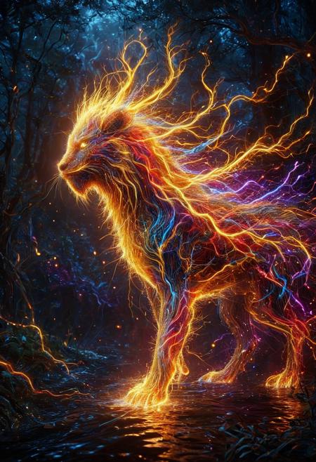 aidmamj6.1, made of golden and blue and red and yellow and purple lightning thunder trails, lthndrtrl,
A glowing bioluminescent beast stalking in the dark, its body radiating flowing light veins. The eerie glow illuminates the surrounding aquatic forest, casting an ethereal light as it moves with silent grace through the mist.