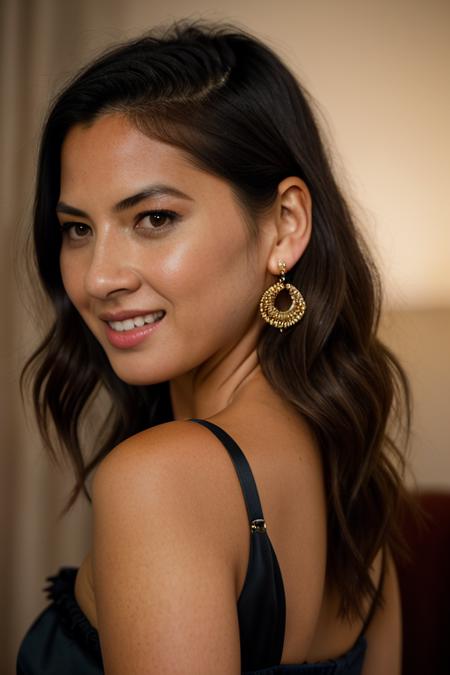 Realistic photo of a beautiful 0l1v14m woman,  1girl, solo, breasts, smile, short hair, black hair, dress, brown eyes, jewelry, medium breasts, upper body, earrings, teeth, blurry, lips, looking to the side, sideboob, blurry background, watermark, web address, realistic, very short hair, photo background, soft lighting, professional Photography, Photorealistic, detailed, RAW, analog, sharp focus, 8k, HD, DSLR, high quality, Fujifilm XT3, film grain, award winning, masterpiece<lora:0l1v14m:1.0>