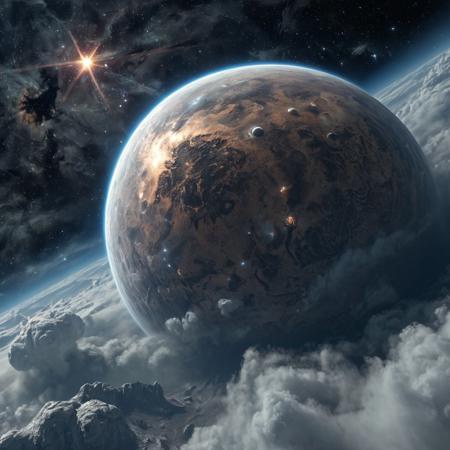 view from space on an ancient planet shrouded in clouds, a dying star in the background