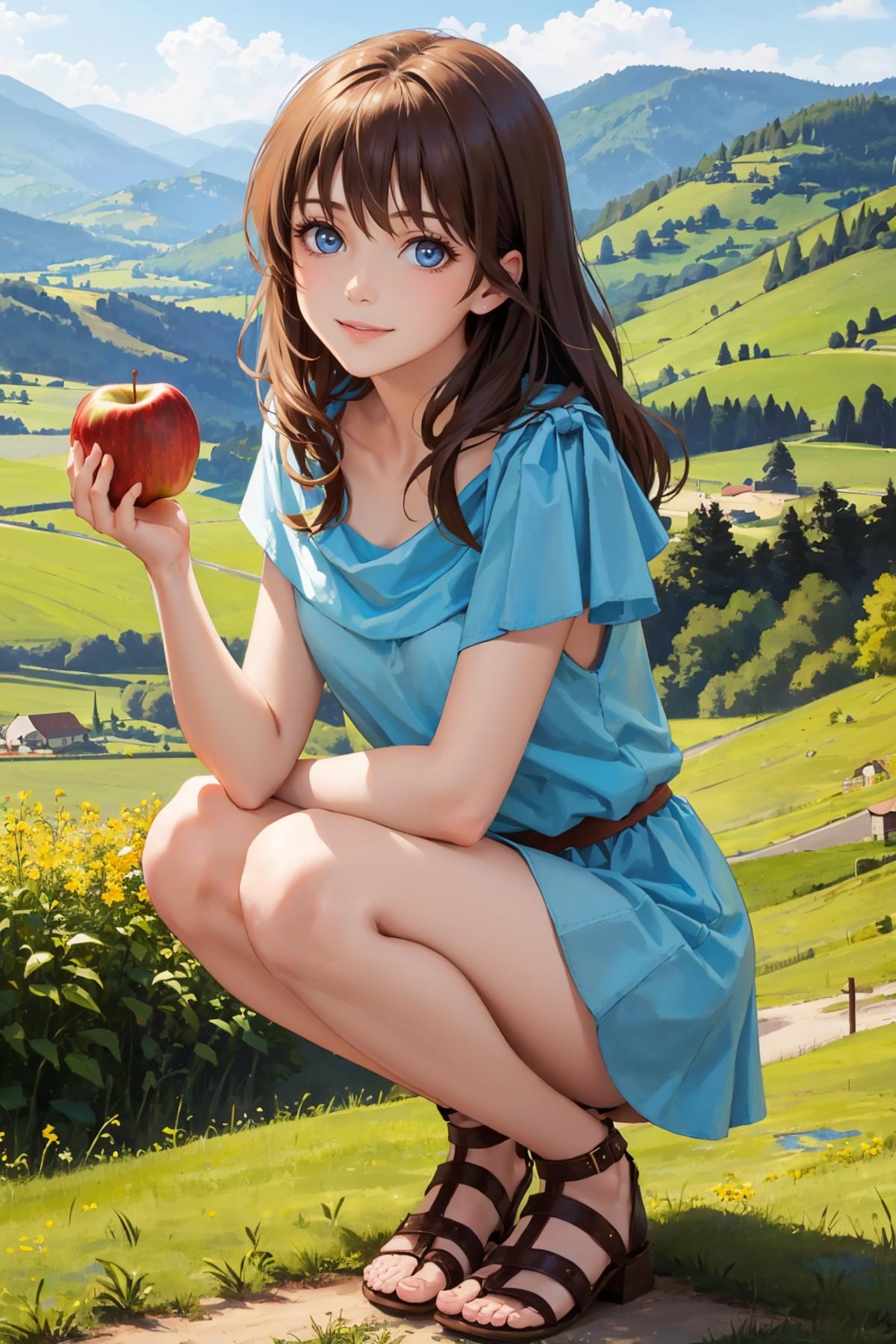 A girl sitting in a field holding an apple.