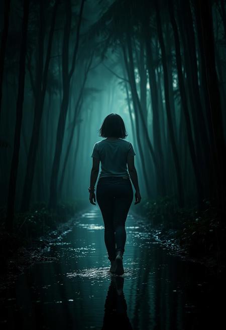 grainy, detailed, dynamic lighting, dark, rain, reflection on water,<lora:Blade Runner 1982:0.8>, curvy girl in jeans and a t shirt with short black hair walking in forest, from behind, bioluminescent details, Shimmering light, thick forest