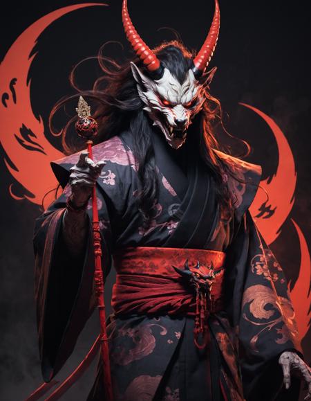 oni_mask, kimono, long_hair, pale_skin, sharp_teeth, horns, red_eyes, yurei, dark_aura, ghostly_robes, floating, malevolent_grin, ethereal_presence, clawed_hands, spectral_wings, tengu_nose, fox_features (for kitsune), snake-like_attributes (for nure-onna), shadowy_form, glowing_eyes