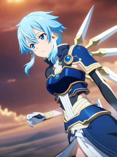 sinonsolus, blue eyes, short hair, blue hair, sidelocks, hair ornament, blue armor, breastplate, shoulder armor, hovering blades, white gloves, fantasy, medium breasts, 1girl, solo
BREAK
floating in the sky, misty, clouds, dusk, depth of field, cinematic, game cg, anime screencap, official art, masterpiece, best quality
<lora:dssinon_a3b:1>