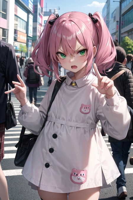 <lora:gekioko_v250:1>
 (cleavage:-1.5),
insanely detailed, absurdres, ultra-highres, ultra-detailed, best quality,
1girl, solo, nice hands, perfect hands,
BREAK,
(wearing harajuku-style coordinate),
angry, open mouth,
points to camera, cowboy shot,
BREAK,
slender, kawaii, perfect symmetrical face, ultra cute girl, ultra cute face, ultra detailed eyes, ultra detailed hair, ultra cute, ultra beautiful,
by Canon EOS, SIGMA Art Lens 35mm F1.4, ISO 200 Shutter Speed 2000,
in harajuku, shibuya, tokyo, street, crowd, cityscape,
medium breasts,
BREAK,
(pink medium hair, dark green eyes), hair between eyes