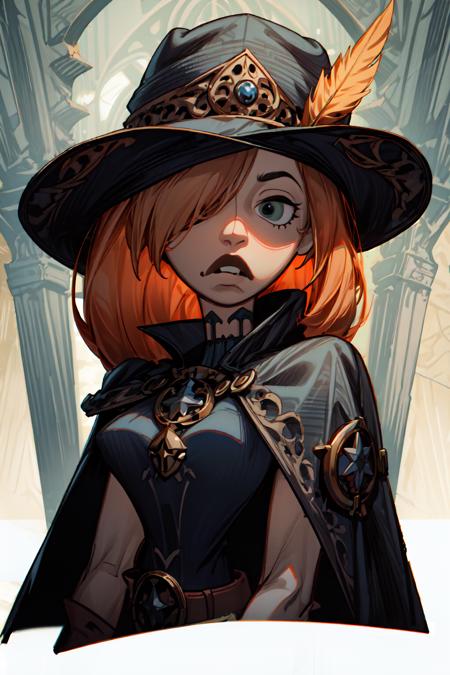 line art, <lora:kim-05:1.4> k1m, 1girl,long orange hair, hair over one eye,  (style-rustmagic:0.8), portrait, looking down, solo, half shot, detailed background, (<lora:GothicHorrorAI:0.5>, gothichorrorai, gothic theme:1.1), hexbreaker,  silver trimmed  intricate padded leather clothes,  cape, straps, belts,  pockets, buckles, thick flaming (medieval:1.1) wooden torch, shadowed face,  flasks, large feather in hat, wide brimmed  hat, gunpowder,  dark dead forest in background, winter, eerie atmosphere, dark lighting, shadows, warhammer dark fantasy,, <lora:add_detail:1> , <lora:GoodHands-beta2:1>