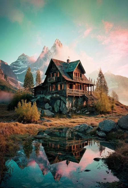 (by Ellen Jewett:1.5), ((Bioluminescent Impressionism: 1.4), The Dreamland), their peaks veiled in mist. mixed media, surrealism, great lighting, A surreal landscape highly detailed . extremely high-resolution details,  appears trapped in an optical illusion of reflections and refractions colorful , mountain cabin, professional photography, natural lighting, volumetric lighting maximalist. intricately detailed, complex, elegant, expansive, fantastical, film photography style,  medium grain,  <lora:MJ52:0.3>  <lora:SDXLFaeTastic2400:0.4>  <lora:EpicF4nta5yXL:0.7>.ethereal landscapes, depth of field, biotech emotion:1.3) <lora:xl_more_art-full_v1:0.5> <lora:add-detail-xl:1> <lora:RMSDXL_Creative:2>