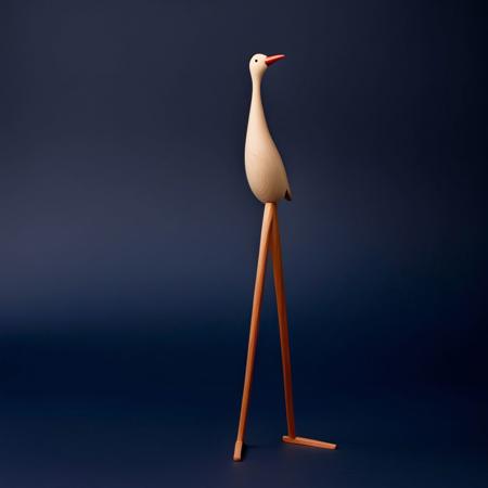 (expert craftsmanship:1.8), (high resolution, product photography, photo studio background:1.2), (wooden toy bird, two long legs, tall:1.8), (fine wood, dark realistic wood materail:1.5), (simple form, abstract form:1.8), (finely crafted parts, simple shape, elegant shape, ambiguous shape, stout shape, innocent shape:1.4), (comfortable, playful, friendly, whimsical:1.5), (Danish Design aesthetic, made in Denmark:1.7)