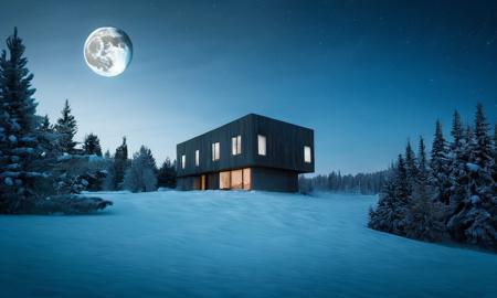 a house in the middle of a snowy field with trees in the background at night time with a full moon, no humans, scenery, outdoors, tree, snow, sky, house, bare tree, winter, night, building, window, nature, forest <lora:MIRstyle-v10:1>