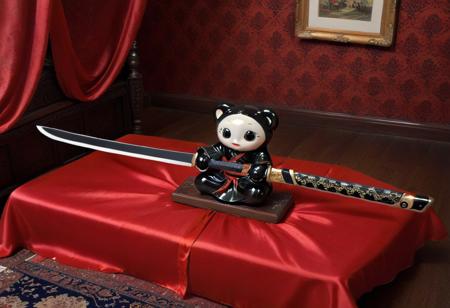 score_9, score_8_up, score_7_up, score_6_up, cartoon, ,CreepyCuteMagical , 
ceramic katana, laying on red silk dress, 
victorian bedroom background,
, dark theme,
