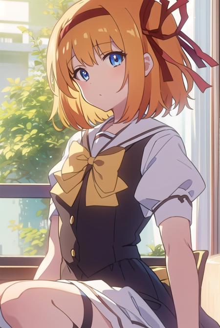 kaedefuyou, <lora:kaedefuyoutest:1>,
kaede fuyou, short hair, orange hair, hair ribbon, hairband, blue eyes,
BREAK skirt, bow, ribbon, school uniform, short sleeves, pleated skirt, serafuku, socks, puffy sleeves, bowtie, puffy short sleeves, black socks, yellow bow, yellow bowtie,
BREAK looking at viewer,
BREAK indoors, classroom, 
BREAK <lora:GoodHands-vanilla:1>, (masterpiece:1.2), best quality, high resolution, unity 8k wallpaper, (illustration:0.8), (beautiful detailed eyes:1.6), extremely detailed face, perfect lighting, extremely detailed CG, (perfect hands, perfect anatomy),