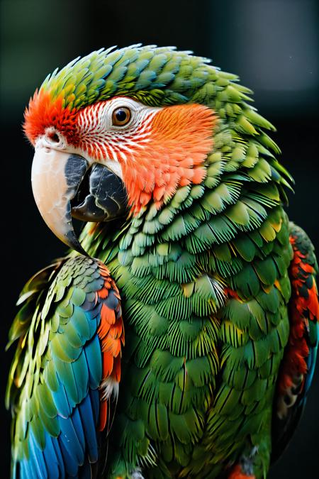 macro shot, cinematic photo of parrot, colorful, dark shot, film grain, extremely detailed