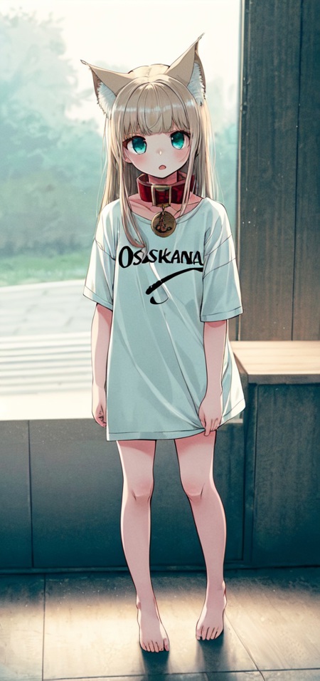 1girl, solo, a little girl with a shirt that says osakakana, cat ears, aqua_eyes, blond hair, t-shirt, oversized_shirt, red_collar