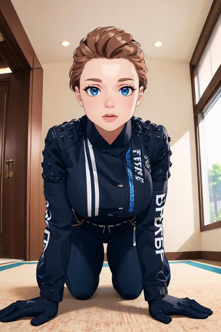 (masterpiece, best quality:1.2), <lora:fragileds:1>, fragileds, 1girl, solo, looking at viewer, breasts, gloves, bodysuit, jacket, indoors, all fours,