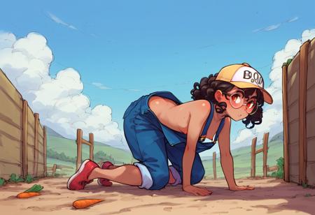 Majo_PS, High detail, score_9, score_8_up, score_7_up, source_anime, rating_explicit, (bold lines:1.9), (thick outline:1), 1girl, long curly hair, mixed race, brown skin, big round glasses, small breasts, hat, farmer girl, ((overalls)), from side, ((harvesting carots)), on all fours, BREAK, dirt, fence, sky background, at ground level, carrots, box, carrots in box